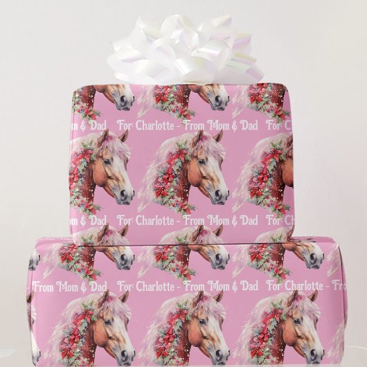 Papier Cadeau Cheval avec rubans de Noël Ajouter le nom de fille