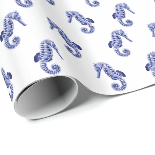 Papier Cadeau Cheval blanc bleu mignon (Coin rond)