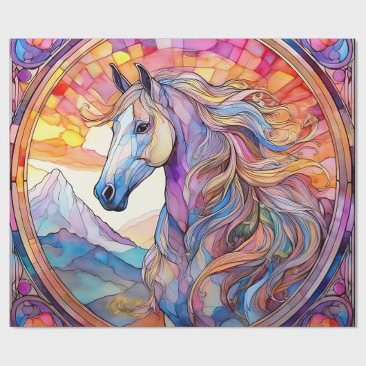 Papier Cadeau Cheval blanc en vitrail (Plat)