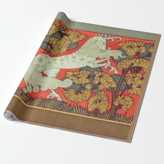 Papier Cadeau CHEVAL BLANC RAMPANT, ARBRES EN BOIS Art Nouveau (Déroulé)