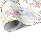 Papier Cadeau Cheval Blanc Rose fille d'anniversaire fille fille (Coin rond)