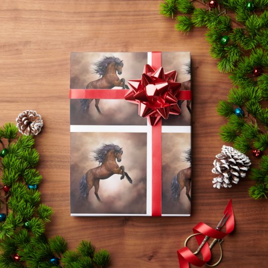 Papier Cadeau Cheval brun friésien s'élevant avec des nuages bru (Cadeau de vacances)