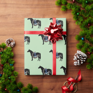 Papier Cadeau cheval, chaussure de cheval et ruban bleu