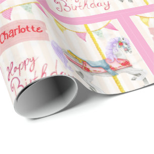 Papier Cadeau Cheval de carrousel d'anniversaire Ajouter le nom