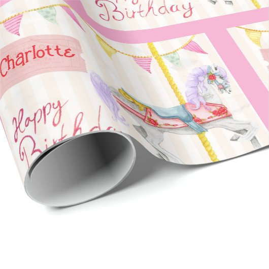 Papier Cadeau Cheval de carrousel d'anniversaire Ajouter le nom  (Coin rond)