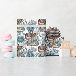 Papier Cadeau Cheval fille cowgirl motif floral turquoise