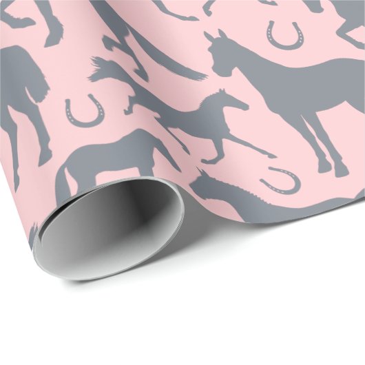 Papier Cadeau Cheval Lover Pink et Grey Chevaux et Ponses (Coin rond)
