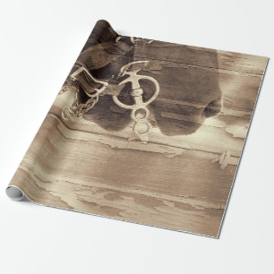 Papier Cadeau Cheval Vintage Sepia Ouest Rustique Bois Découpag