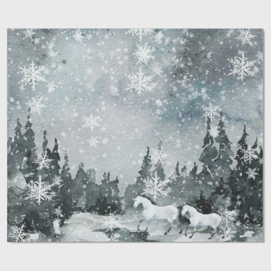 Papier Cadeau Chevaux Blanches Neige Dans Une Forêt D'Hiver Ciel (Plat)