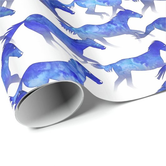 Papier Cadeau Chevaux d'aquarelle bleu (Coin rond)