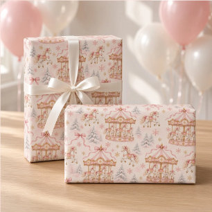 Papier Cadeau Chevaux de manège roses d'hiver avec noeud pour an