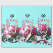 PAPIER CADEAU CHEVAUX DE MER EN AMOUR, ROSE TURQUOISE BLEU MÈRE (Plat)