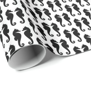 Papier Cadeau Chevaux de mer noirs sur fond blanc