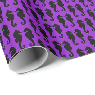 Papier Cadeau Chevaux de mer noirs sur fond violet