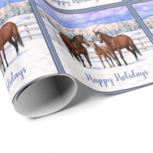 Papier Cadeau Chevaux Du Quartier De La Baie Brown En Neige (Coin rond)