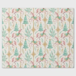 Papier Cadeau Chevaux et arbres pastel rose vert
