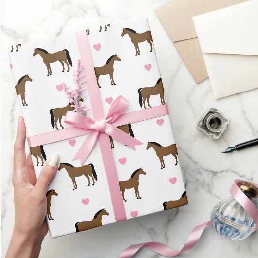 Papier Cadeau Chevaux et cœurs roses