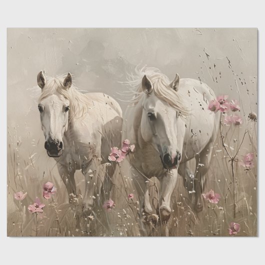Papier Cadeau Chevaux gris Fleurs roses Peinture à l'huile Décou (Plat)