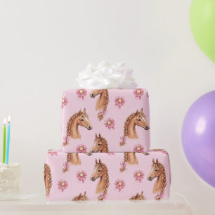 Papier Cadeau Chevaux Jolies Roses Fleurs Rubans Anniversaire