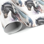 Papier Cadeau Chevaux noir et blanc en aquarelle (Coin rond)