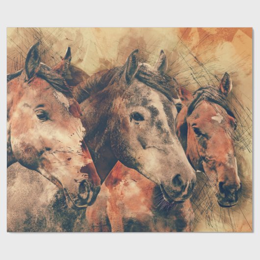 Papier Cadeau Chevaux Peinture d'aquarelle artistique (Plat)