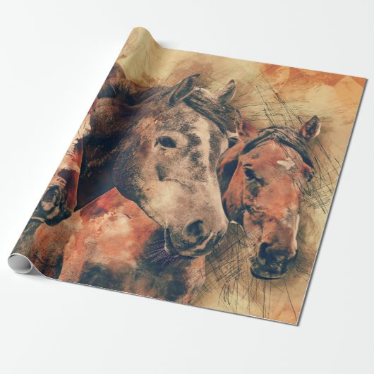Papier Cadeau Chevaux Peinture d'aquarelle artistique (Déroulé)