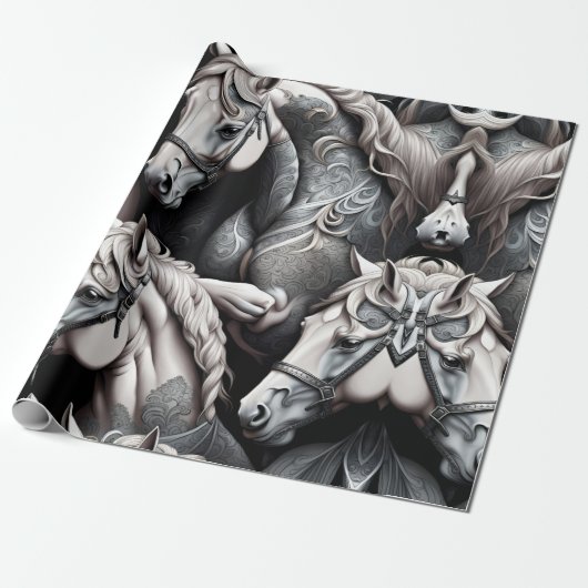 Papier Cadeau Chevaux Peinture détaillée en Art noir et blanc (Déroulé)
