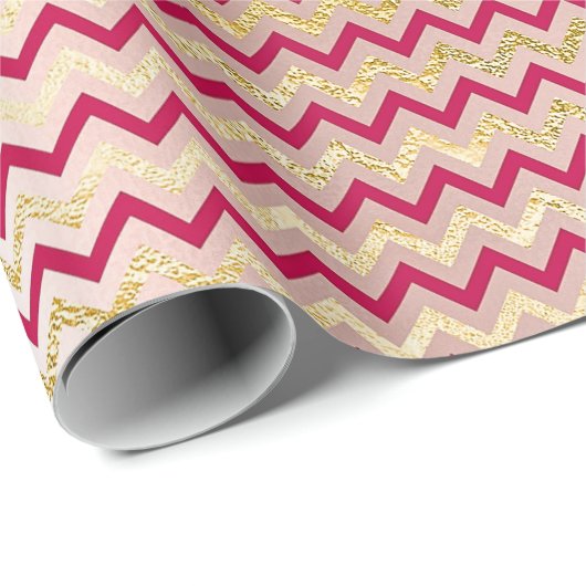 Papier Cadeau Chevron Zig Zag Or métal brillant bonbon rose (Coin rond)