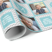 Papier Cadeau Chevrons gris et bleu Aqua - Photo et Monogramme (Coin rond)