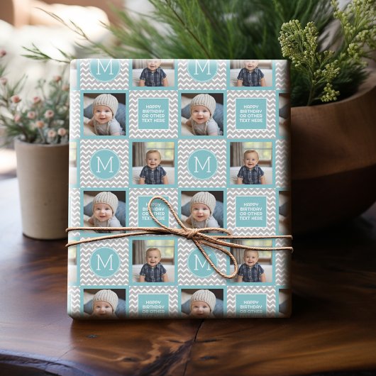Papier Cadeau Chevrons gris et bleu Aqua - Photo et Monogramme