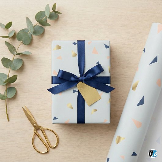 Papier Cadeau Chic Abstract Terrazzo Faux Gold Foil & Navy Blue 