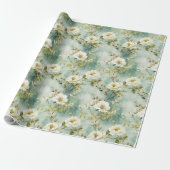 Papier Cadeau Chic Aquarelle blanc fleur sauvage verdure feuilla (Déroulé)