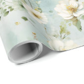 Papier Cadeau Chic Aquarelle pastel vert et blanc fleurs sauvage (Coin rond)