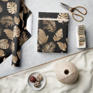 Papier Cadeau Chic Black Gold Tropical Feuilles
