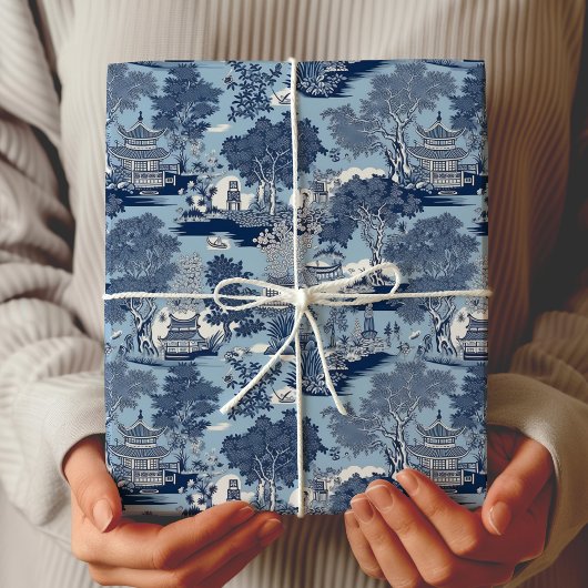 Papier Cadeau Chic Bleu blanc saule chinoiserie cottage