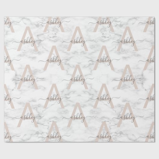 Papier Cadeau Chic Blush Pink White Marble Script Nom monogram (Plat)