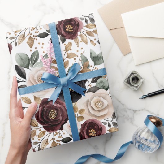 Papier Cadeau Chic Bourgogne Crème Fleurie Fête de Mariage (Cadeaux)