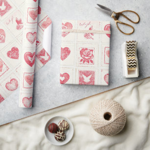 Papier Cadeau Chic Crème Rouge Valentine Coeurs Aimer