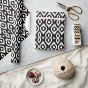 Papier Cadeau Chic Élégant Mod Noir Ivoire Motif Ikat Diamant