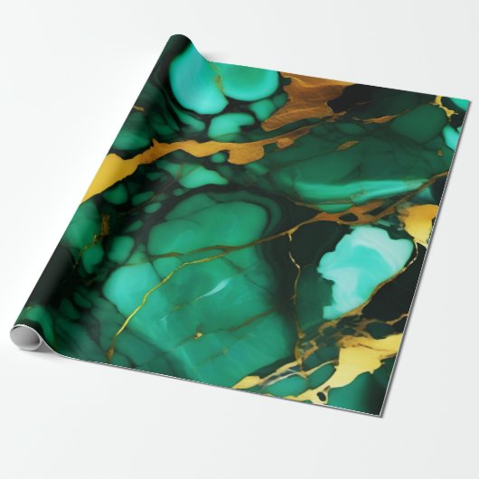 Papier Cadeau Chic Elegant vert foncé jaune Faux Marble (Déroulé)