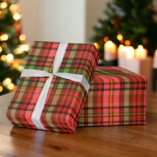 Papier Cadeau Chic Festive Rouge et Vert Plaid Motif de Noël