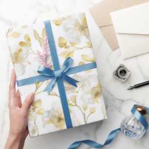 Papier Cadeau Chic Fleurs Blanches Dorées Mariage