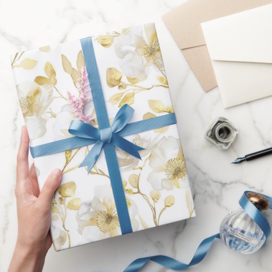 Papier Cadeau Chic Fleurs Blanches Dorées Mariage (Cadeaux)
