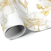 Papier Cadeau Chic Fleurs Blanches Dorées Mariage (Coin rond)