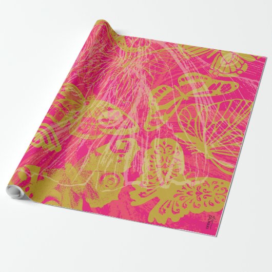 Papier Cadeau Chic Gold Butterfly Fuchsia (Déroulé)