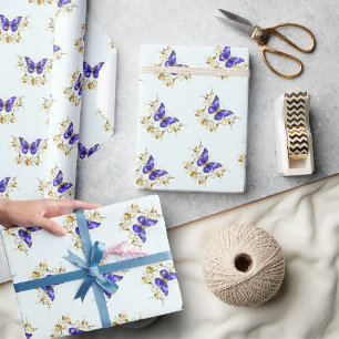 Papier Cadeau Chic Golden Flowers & papillons bleus monogrammed