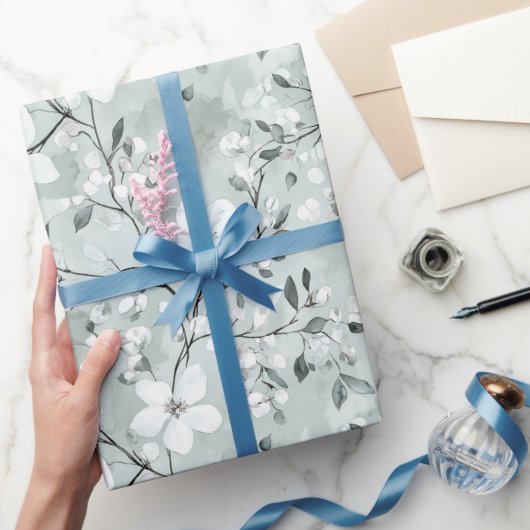 Papier Cadeau Chic Gris Bleu Fleurs Blanches Shower de Mariée (Cadeaux)