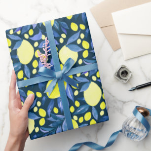 Papier Cadeau Chic Méditerranéen Rustique Citrons Feuille Bleue