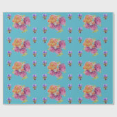 Papier Cadeau Chic Rose Rose  Fleurs Turquoises florales (Plat)