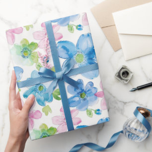 Papier Cadeau Chic Rose Vert Bleu Floral Anniversaire